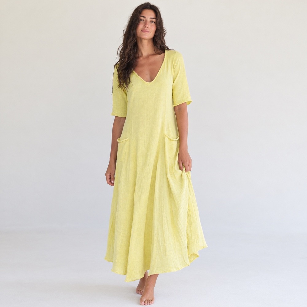 Gaia Conceptions Hemp Jersey V-Neck Midi Dress Sunshine Yellow Pockets Small Eco